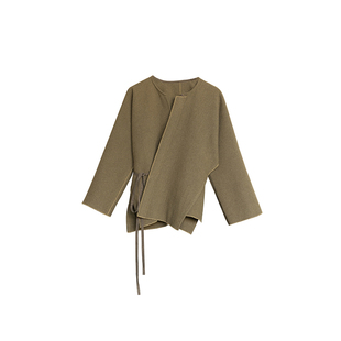 大拙法式知识分子穿搭毛边设计斜襟绑带自然舒适毛呢外套240506