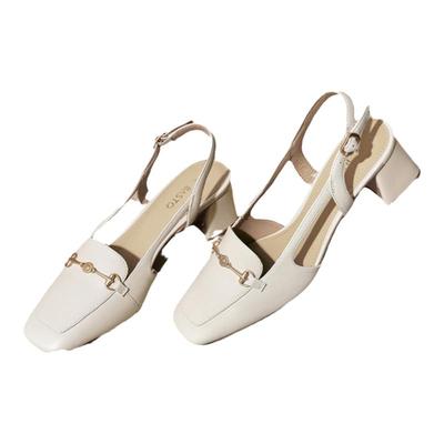 百思图春夏季新款商场同款时髦金属扣方头粗跟女凉鞋RJF51BH4