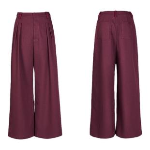 palavas春季新品流动浆果长裤浆果红显瘦摩登通勤阔腿裤纯色原创