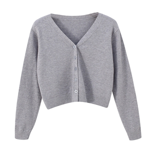 宽松春秋小短款高腰长袖女上衣毛衣短小外套v领针织衫开衫小外搭