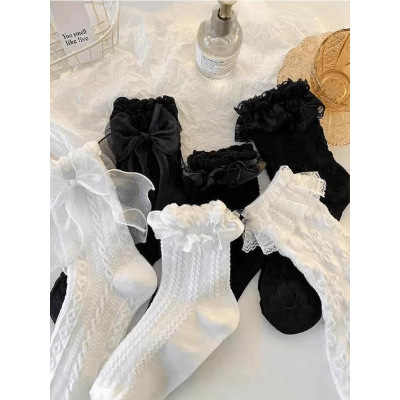 Z 14436 Lace Bow Crew Socks 蕾丝蝴蝶结中筒袜跨境外贸代发