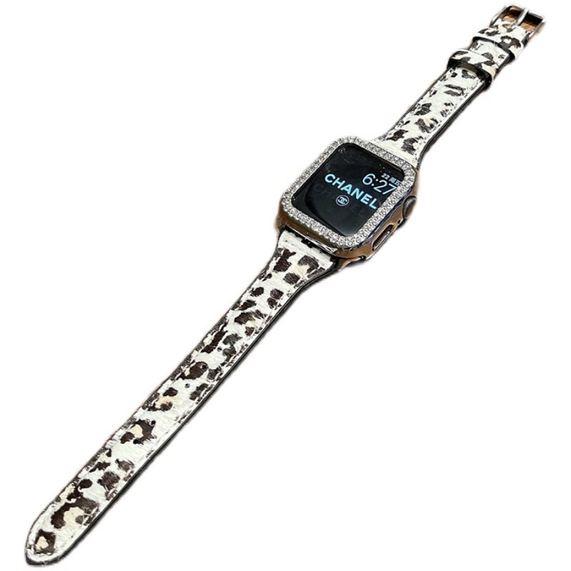 秋冬豹纹硅胶iWatch789表带马毛真皮小蛮腰适用苹果456代手表10SE