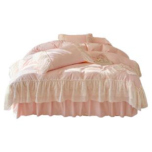 法式轻奢少女粉色全棉四件套公主风纯棉蕾丝花边被套床单床裙床品