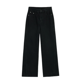 ousph【现货4折】黑色直筒牛仔裤女冬季厚宽松休闲美式高腰长裤