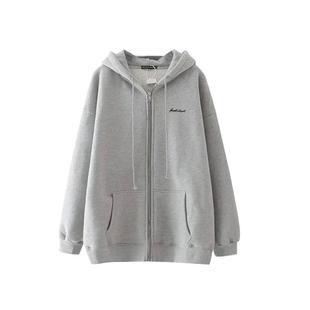 纯棉美式复古拉链开衫灰色卫衣女2025新款春秋季薄款加绒连帽外套