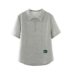 2026夏装新款胖mm大码女装贴标上衣显瘦短袖半拉链翻领盐系T恤女