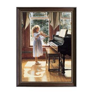 拉小提琴小女孩琴房装饰画音乐学校挂画钢琴乐器有框画尺寸可定制