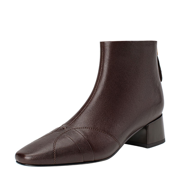 星期六秋冬真皮粗跟中跟方头短靴