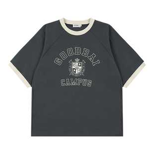 GOODBAI 男女同款校徽印花撞色罗纹插肩oversize短袖T恤