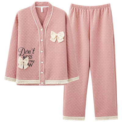 雅鹿蝴蝶结女生家居服睡衣冬套装