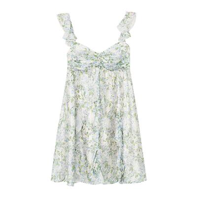 碎花法式绿色海边度假连衣裙