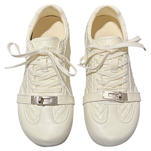 小香风~内增高格纹锁扣小羊皮小白鞋配裙子休闲鞋时尚ins德训鞋女