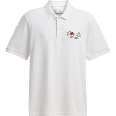 COACH/蔻驰奥莱男士白色棉质爱心图案纽扣开合短袖POLO衫