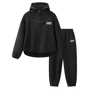 Lee kids儿童连帽加绒运动服套装半开领防滑袖卫衣卫裤大童两件套