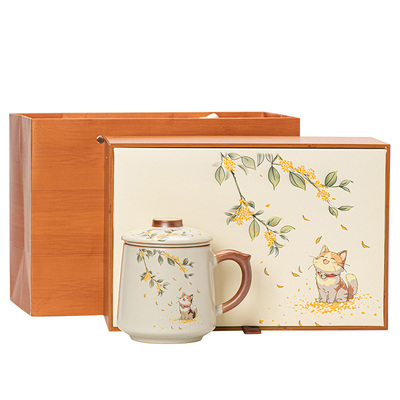 猫咪汝窑茶杯陶瓷带盖过滤马克杯