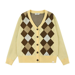 GOODBAI新款复古学院风V领格纹针织长袖开衫女