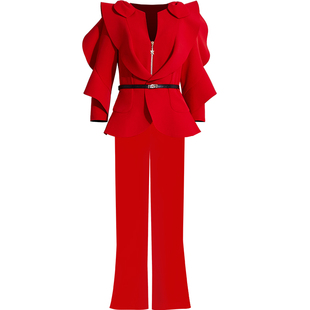 创意狐2025新款女神范红色工装裤两件套装洋气减龄主持人演出服装