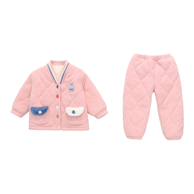 女童卡通彩扣雪粒绒三层夹棉睡衣