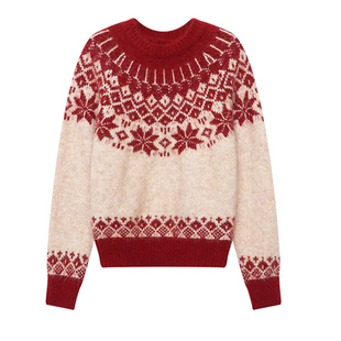 复古费尔岛提花毛衣女高级感韩系通勤圆领过年红加厚保暖针织衫