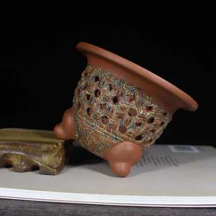 宜兴紫砂花盆  小型花盆  精品盆景花盆 风兰花盆 迷你盆镂空花盆