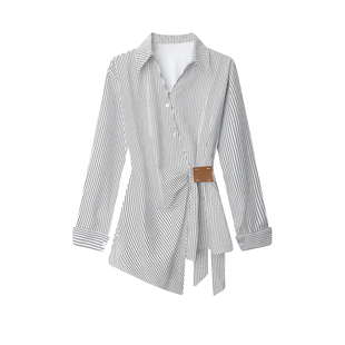 韩系时尚通勤风条纹绑带收腰衬衫女不规则翻领长袖设计感外套上衣