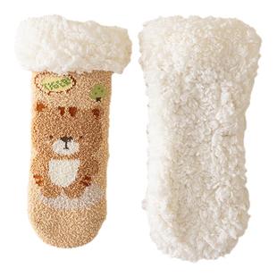 婧麒婴儿袜子秋冬季加绒加厚男女宝宝防滑地板袜鞋羊羔绒保暖袜套
