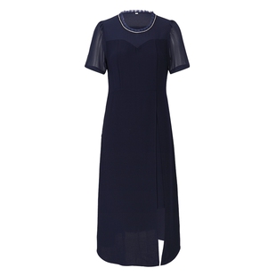 马天奴2025夏季新款蓝色连衣裙子缝钻花边领收腰短袖开叉时尚气质