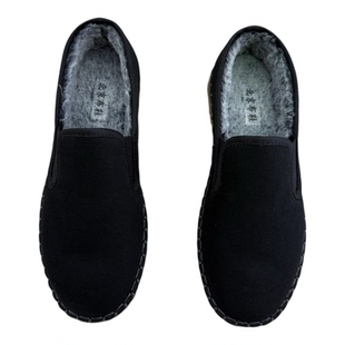 老北京冬季加绒加厚保暖一脚蹬牛筋套脚牛筋软底时尚休闲男黑布鞋