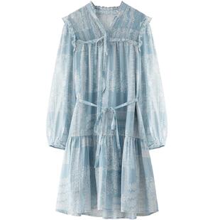 LAGOGO海盐褶语天丝连衣裙女拉谷谷2026年春新款复古印花法式裙子