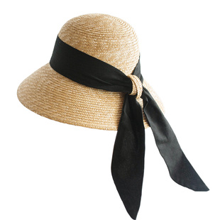 复古飘带优雅出游日系女士大沿麦秆草帽渔夫盆帽遮阳防晒沙滩帽子