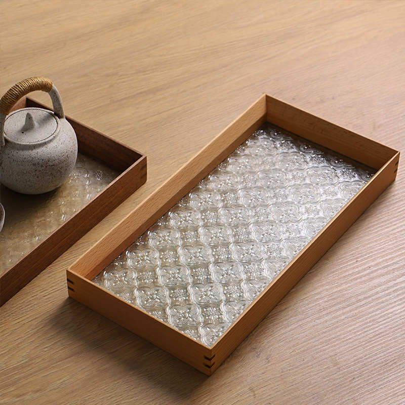 日式复古木质茶杯收纳盘水果长方形玻璃托盘实木创意客厅茶盘家用