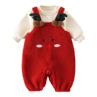 女宝宝春节喜庆大红色可爱新年服婴儿周岁衣服女童冬款背带裤套装