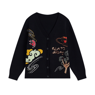 飞鸟和新酒黑色提花针织衫女开衫2025春季新款复古显瘦毛衫外套