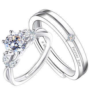 银戒指999纯银求婚钻戒莫桑钻情侣对戒一对结婚婚礼专用求婚婚戒