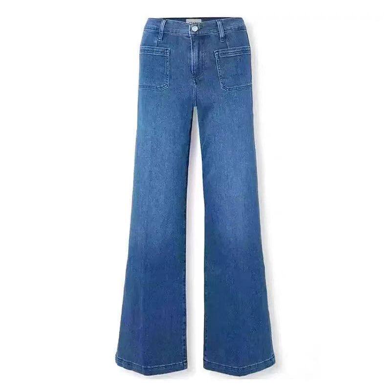 代购Frame Denim25春夏前贴口袋款高腰直筒阔腿拖地牛仔裤长裤女