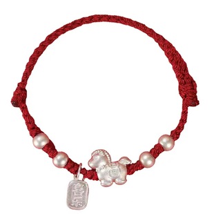 足银999生肖马年本命年红绳手链平安招财转运珠银小马送女友礼物