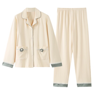 睡衣女士100%棉开衫翻领家居服