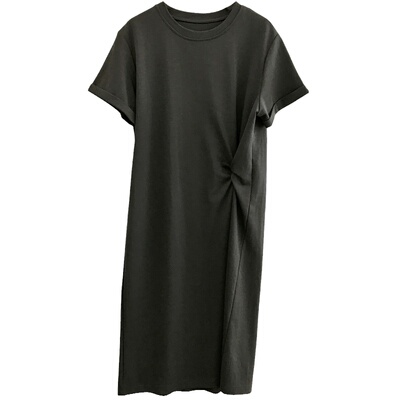 侧边打褶短袖连衣裙长裙