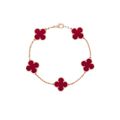 新款五花四叶草手链女镀18k黄玫瑰金红蓝紫色镭射满钻轻奢高级感