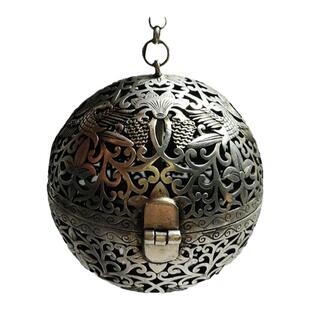 复古葡萄花鸟纹镂空银香球 银香囊老银器 陀螺平衡檀香 香薰球