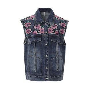 傲丝度春季新款时尚刺绣翻领马甲女宽松大码复古牛仔短外套