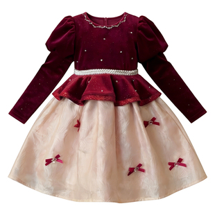 女童公主裙冬装2026新款儿童法式丝绒裙小女孩新年红色加绒连衣裙