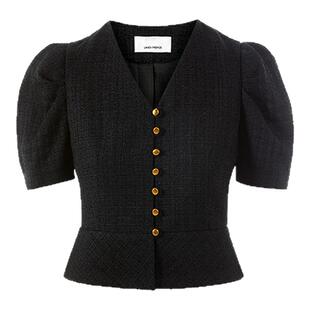 朗姿小香风v领泡泡袖收腰短袖黑色米白色气质衬衫2025年秋季新款