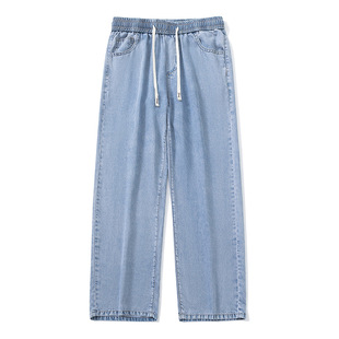 2026春夏季冰丝牛仔裤男款潮牌宽松直筒拖地长裤子系绳闭襟休闲裤