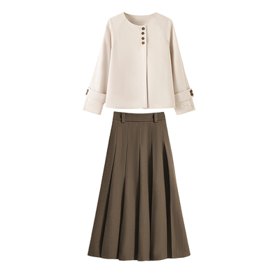 气质一整套ootd穿搭女秋冬大码温柔风短款呢子大衣半身裙时尚套装
