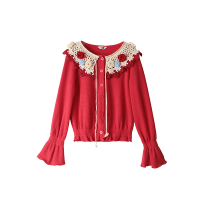 有耳uare原创手钩花红色针织开衫