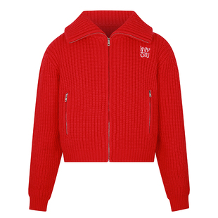 NVPVVA 秋冬韩系拉链翻领重磅毛衣慵懒感外套圣诞过年红针织上衣