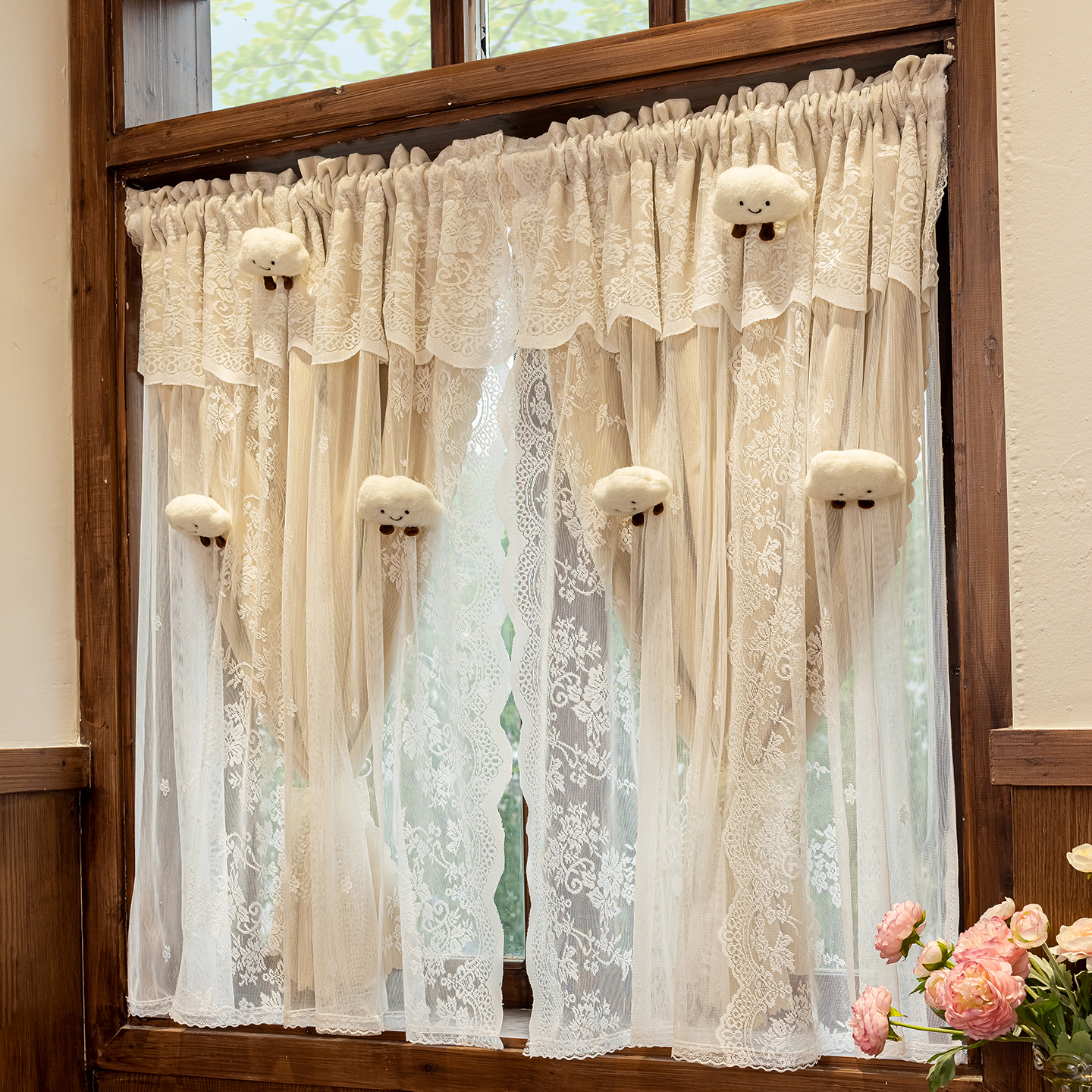 法式蕾丝双层一体帘头窗帘儿童房遮光卧室飘窗短帘榻榻米可爱门帘