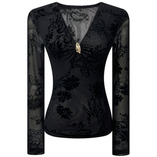 杏色植绒网纱上衣女春季新款轻熟风气质名媛V领长袖修身内搭T恤女