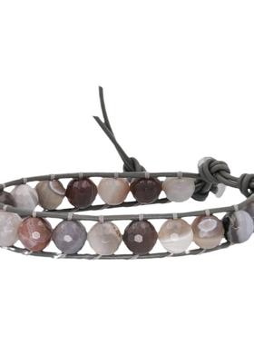 盐系灰调.波斯湾博茨瓦纳玛瑙大颗单圈灰色皮绳手链男女适用